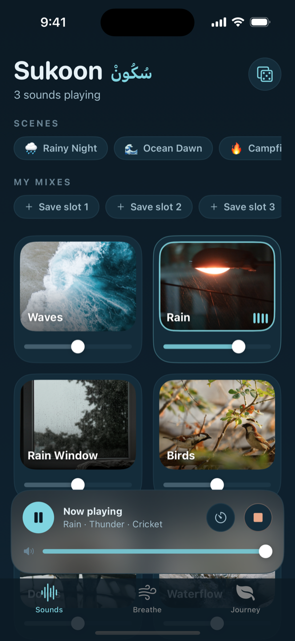 Sukoon soundscape mixer with a rainy-night mix playing and a Now Playing bar