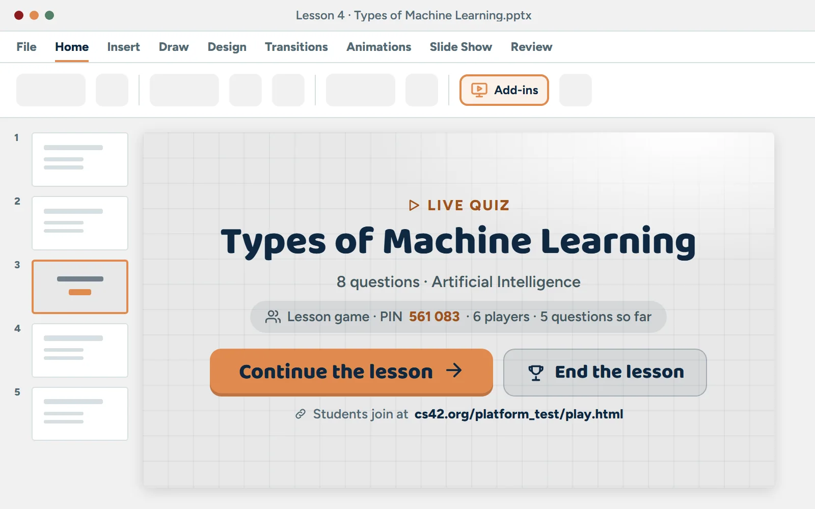 A PowerPoint slide with a live quiz from The Platform: the lesson game's PIN and players, Continue the lesson and End the lesson, and the address where students join
