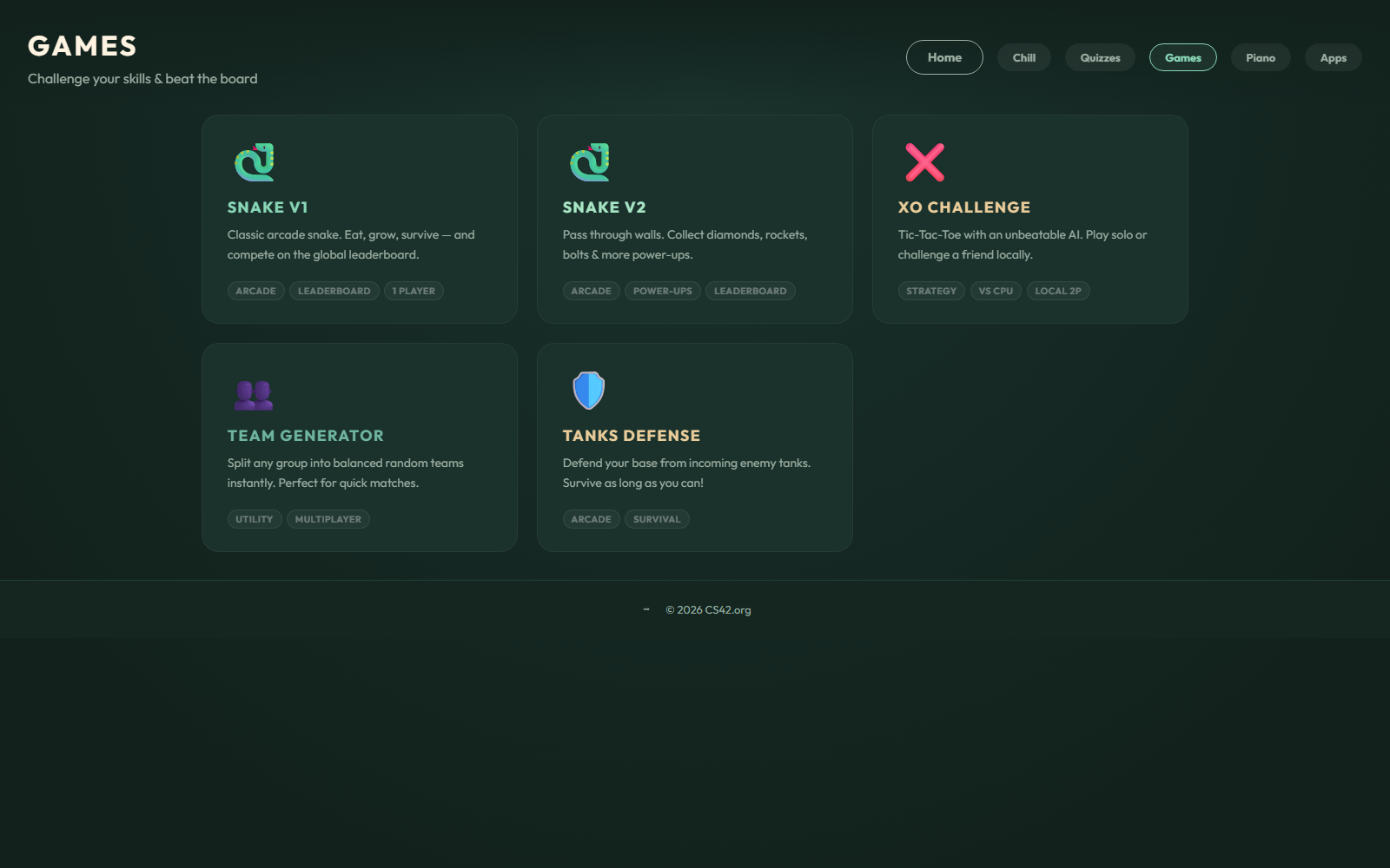 The Games hub with Snake, XO Challenge, Team Generator, and Tanks Defense