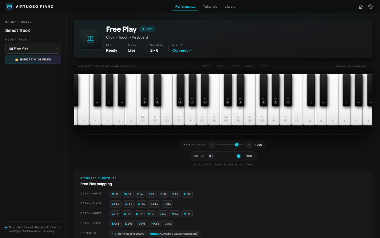 Virtuoso Piano with a full on-screen keyboard, tutorials, and MIDI track library