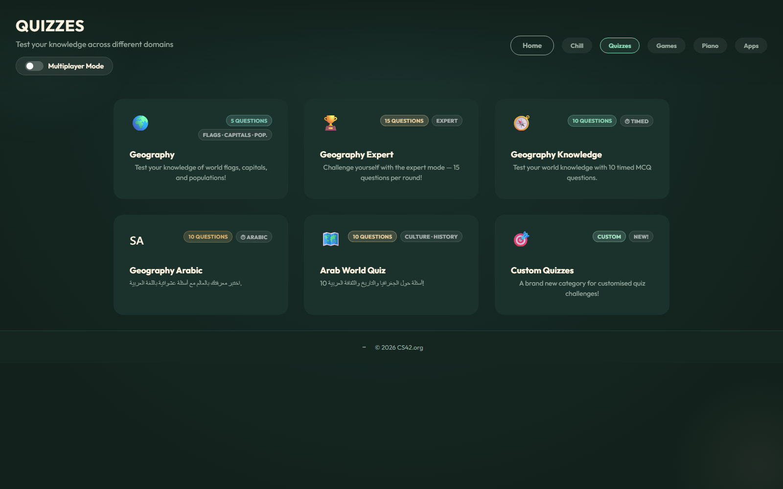 The Quizzes hub with six geography and culture quizzes, plus multiplayer mode