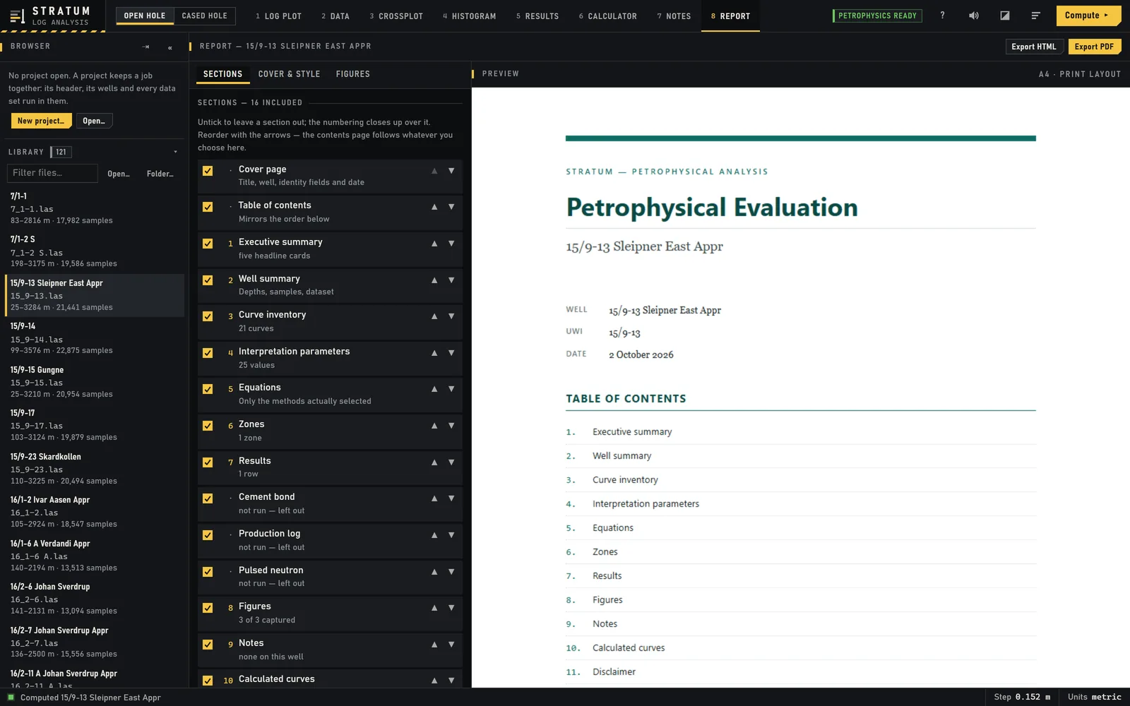 The report builder: a list of sections to include on the left and an A4 preview of the petrophysical evaluation on the right